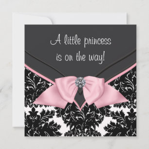 Invitación Chupinada de princesa con lazo rosa y damasco negr