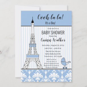 Invitación Chupinada de tema Torre Eiffel de París azul niño