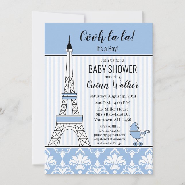 Invitación Chupinada de tema Torre Eiffel de París niño azul (Anverso)