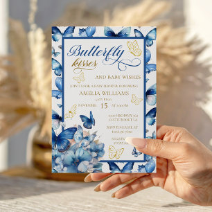 Invitación Chupinada Elegante Mariposa Azul Dorada para Baby