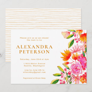 Invitación Chupinada Floral Acuarela Rosa y Naranja para Baby