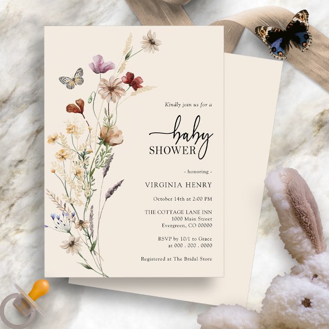Invitación Chupinada Floral Boho de Bebé (Floral Boho Baby Shower Invitation with Butterfly by Painted Paperie
)