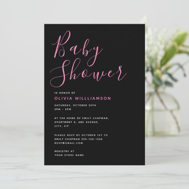 Invitación Chupinada Moderna Cumpleaños de Bebé Rosa y Negro (Anverso de pie)