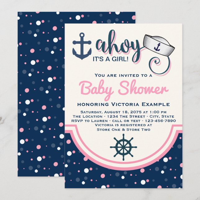 Invitación Chupinada náutica para bebé niña (Anverso / Reverso)