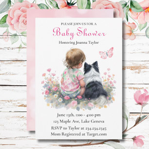 Invitación Chupinada rosa de bebé niña con tema de perro