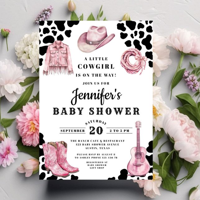 Invitación Chupinada Rosa Moderna de Vaquera para Bebe (Modern Pink Cowgirl Baby Shower Invitation)