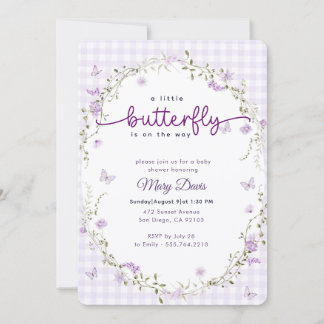 Invitación Chupito de agua con gingham mariposa lavanda Baby