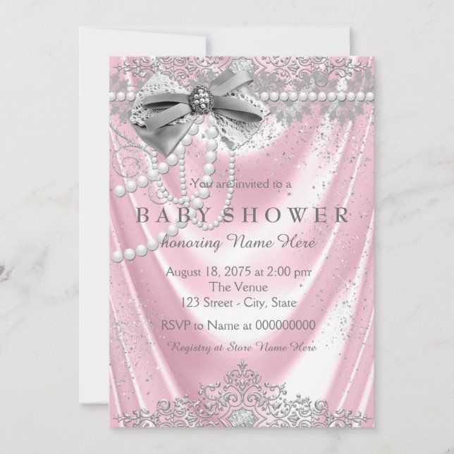 Invitación Chupito de baño de niña de seda rosa y perla (Anverso)