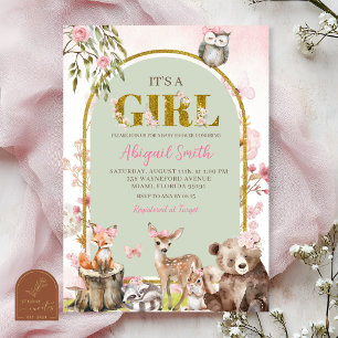 Invitación Chupito de Bebé Bosque Forestal Verde Salvia Rosa