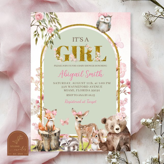 Invitación Chupito de Bebé Bosque Forestal Verde Salvia Rosa (Subido por el creador)