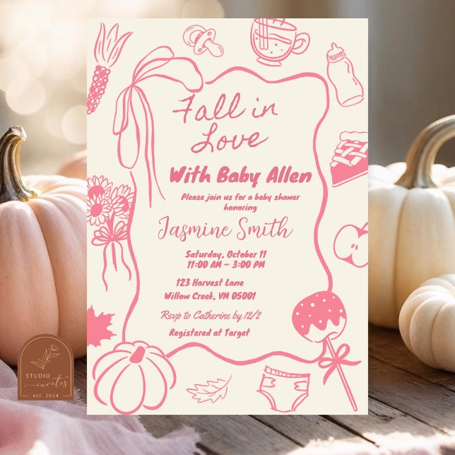 Invitación Chupito de bebé de amor otoño rosa dibujado a mano (Subido por el creador)