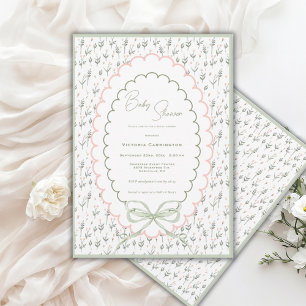 Invitación Chupito de bebé floral rosa y salvia vintage