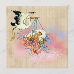 Invitación Chupito de Cigüeña Vintage para Baby Shower de Niñ