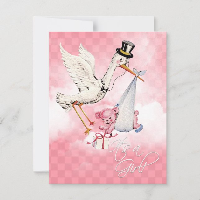 Invitación Chupito de Cigüeña Vintage para Niña (Anverso)