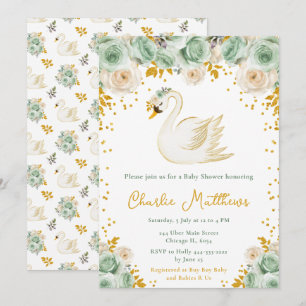 Invitación Chupito de Cisne Verde y Rosas Doradas para Baby S