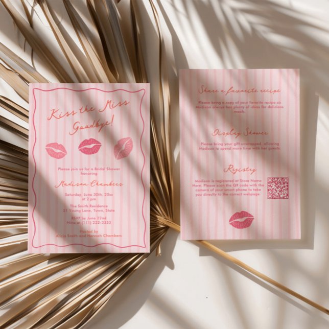 Invitación Chupito de Despedida de Soltera Dibujado a Mano (Modern Hand-Drawn Kiss The Miss Goodbye Bridal Shower invitation in shades of pink and orange)