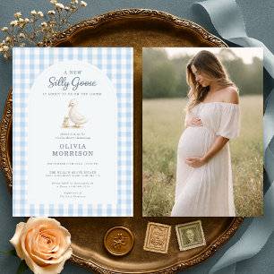 Invitación Chupito de Ganso Azul a Cuadros Foto Baby Shower
