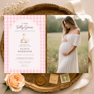 Invitación Chupito de Ganso Rosa a Cuadros Foto Baby Shower