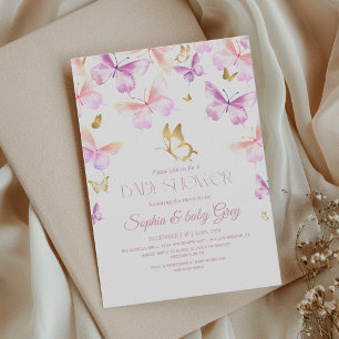 Invitación Chupito de oro rosa mariposa morada Baby Shower
