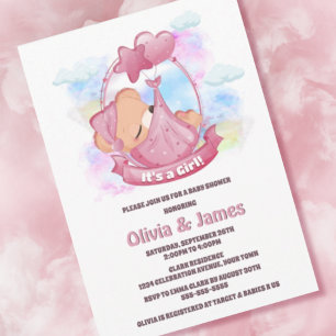 Invitación Chupito de osito de peluche rosa para baby shower