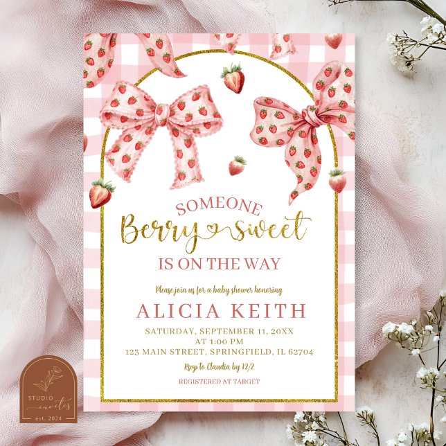 Invitación Chupito de shower de bebé dulce de fresa con lazo  (Subido por el creador)