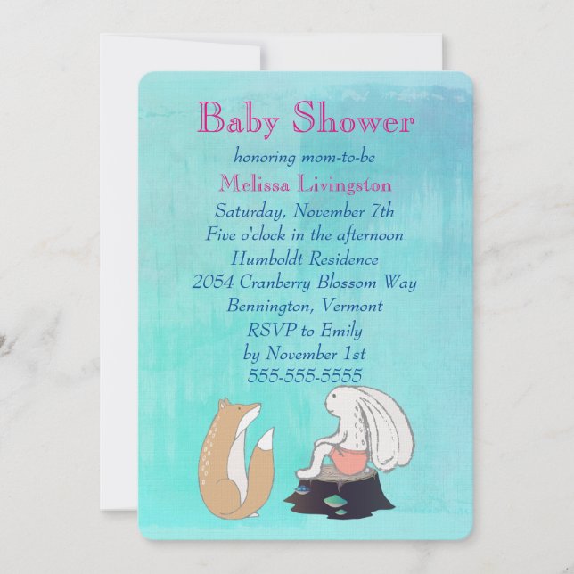 Invitación Chupito de zorro y conejo turquesa para baby showe (Anverso)