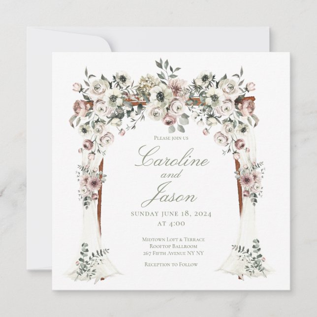 Invitación Chuppah Floral Canopy Rubor Boda blanco (Anverso)