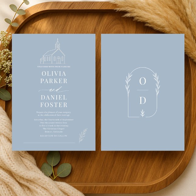 Invitación Church Chapel Dusty Blue Line Art Wedding (Subido por el creador)