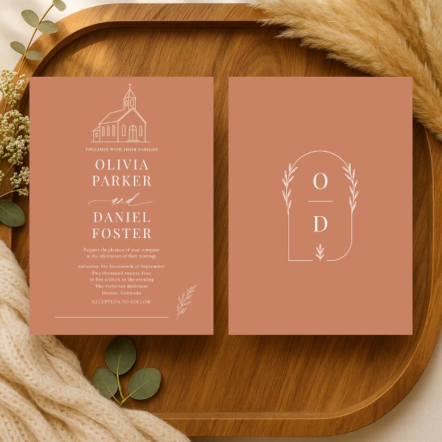 Invitación Church Chapel Terracotta Line Art Wedding (Subido por el creador)