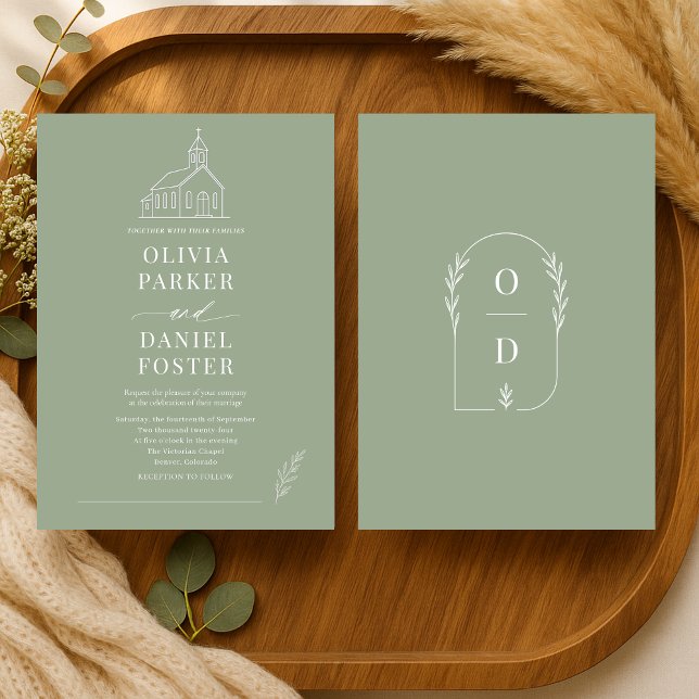 Invitación Church Religious Sage Green Line Art Wedding (Subido por el creador)