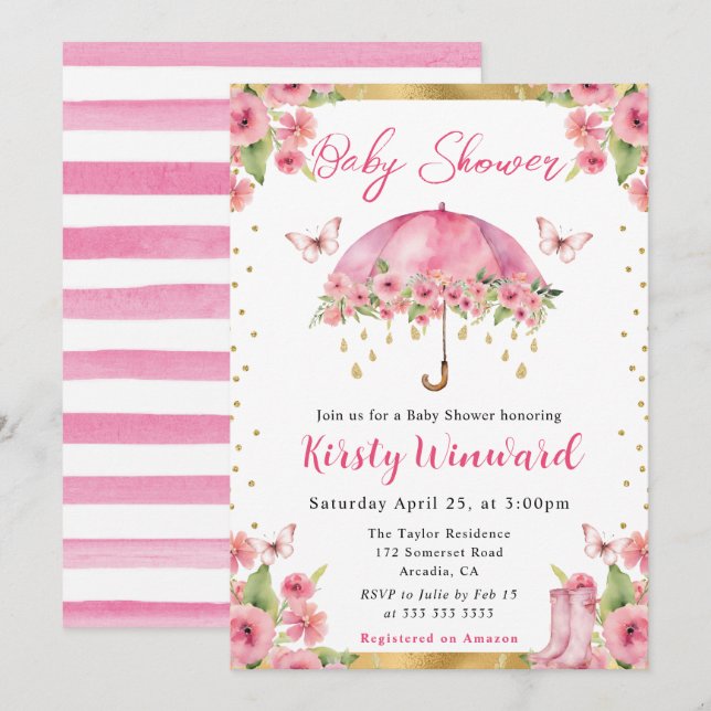 Invitación Chuva de Bebê Guarda-Chuva Rosa Dourado Primavera  (Anverso / Reverso)