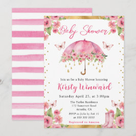 Invitación Chuva de Bebê Guarda-Chuva Rosa Dourado Primavera 
