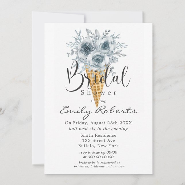 Invitación Cian Blue Tan Peony Ice Cream Cone Brillante Ducha (Anverso)