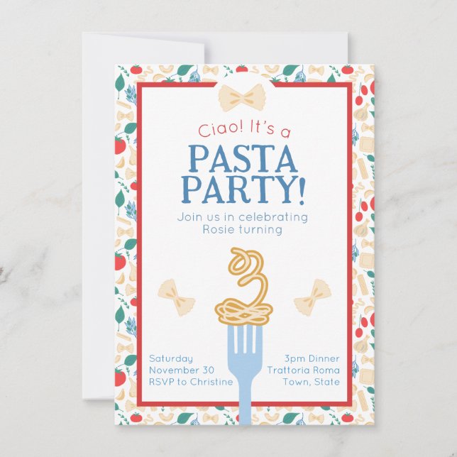 Invitación Ciao: 3 cumpleaños, pasta Fiesta, comida italiana (Anverso)