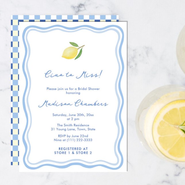 Invitación Ciao A Miss Dolce Vita Ducha De Novias Amarillas A (Ciao to Miss Dolce Vita Italian citrus lemon bridal shower invitation in blue and white)