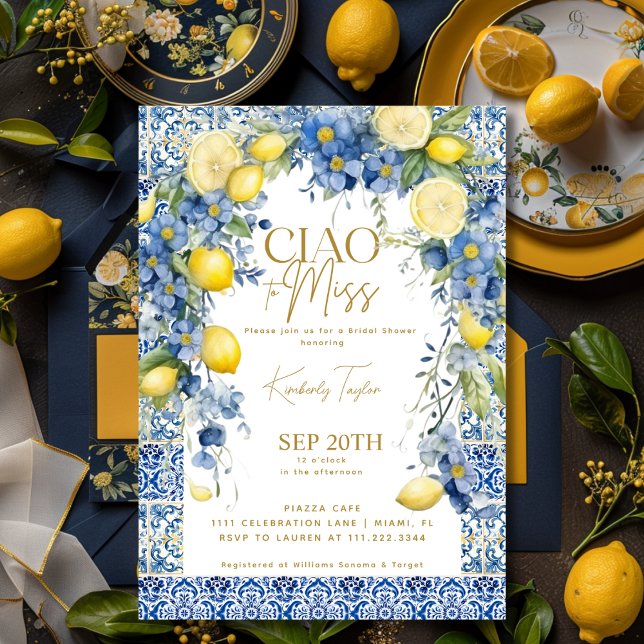 Invitación Ciao A Miss Italia Lemon Blue Tiles Brillante (Ciao To Miss Italy Lemon Blue Tiles Bridal Shower Invitation)
