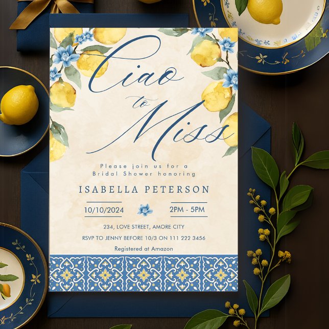 Invitación Ciao a Miss Italiana Azulejos Británicos (Ciao to Miss Italian Blue Tiles Bridal Shower Invitation)