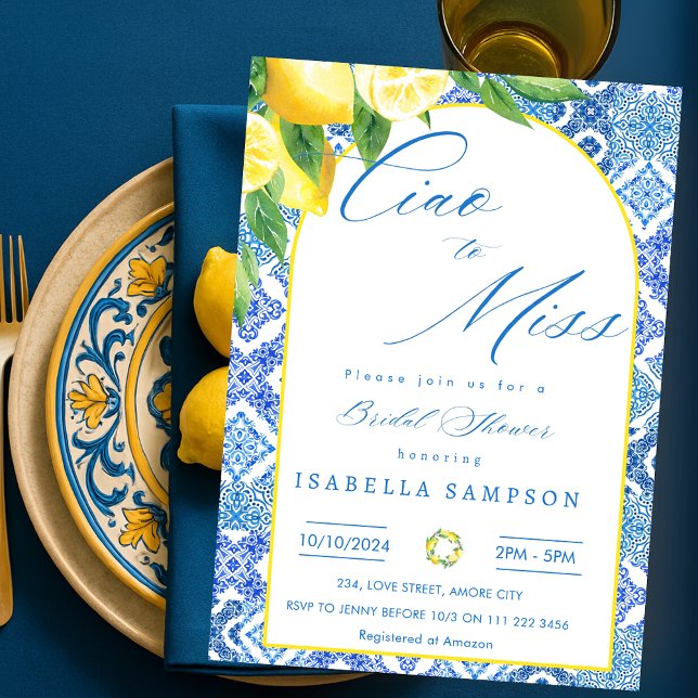 Invitación Ciao a Miss Lemon Blue Tiles ducha de novia en Ita (Ciao to Miss Lemon Blue Tiles Italy Bridal Shower Invitation)
