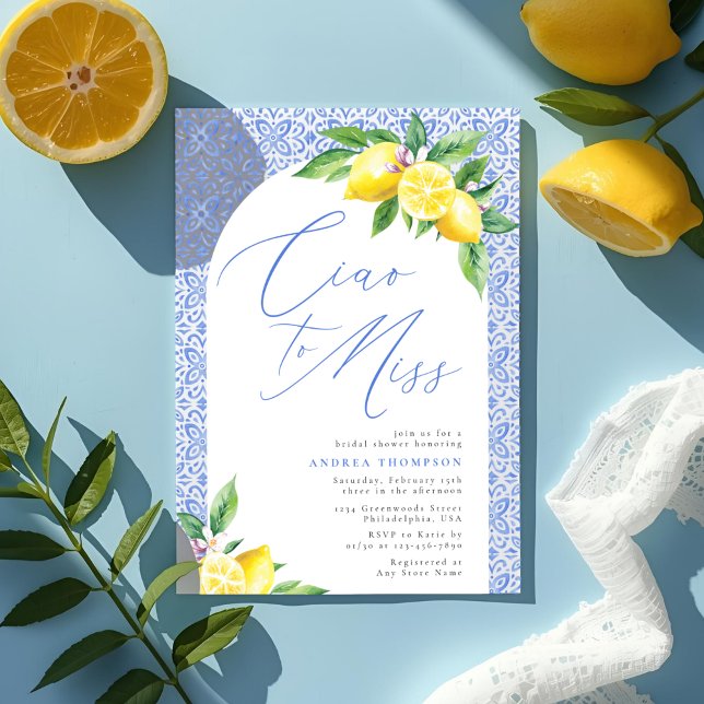 Invitación Ciao a Miss Lemon Italian Blue Tile Despedida de S (Subido por el creador)