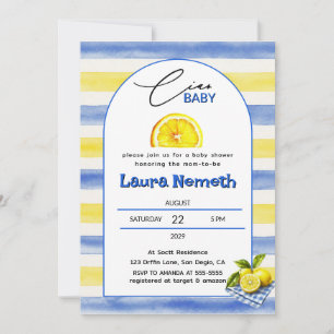 Invitación Ciao Baby Azul y Amarillo Rayas Fiesta de Bebé Lim