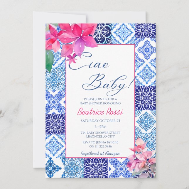 Invitación Ciao Baby Blue Tile Chica Floral Baby Shower (Anverso)