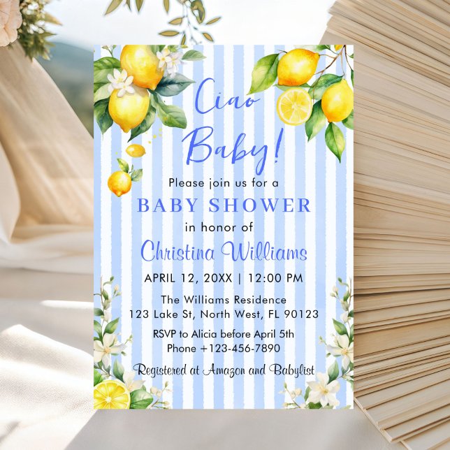 Invitación Ciao Baby Citrus Lemon Baby Shower Invitation (Ciao Baby Baby shower Blue & Lemons Invitation)