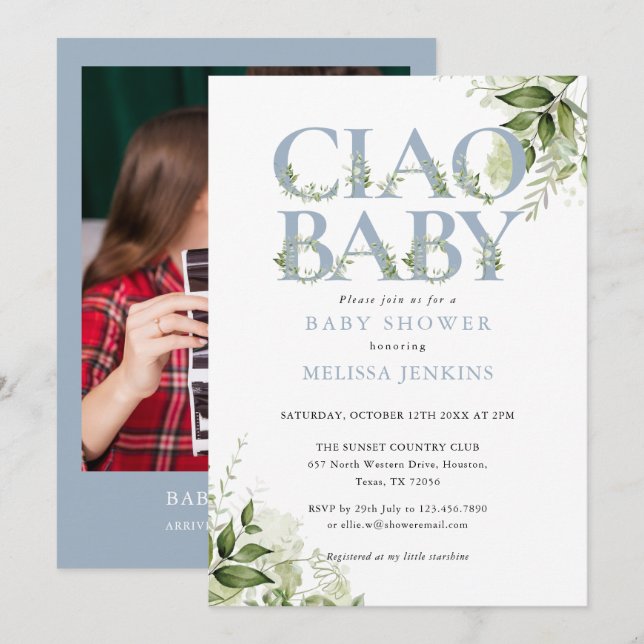 Invitación Ciao Baby Dusty Blue Green Photo Baby Shower (Anverso / Reverso)