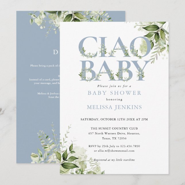 Invitación Ciao Baby Dusty Floral Azul Todo En Un Baby Shower (Anverso / Reverso)
