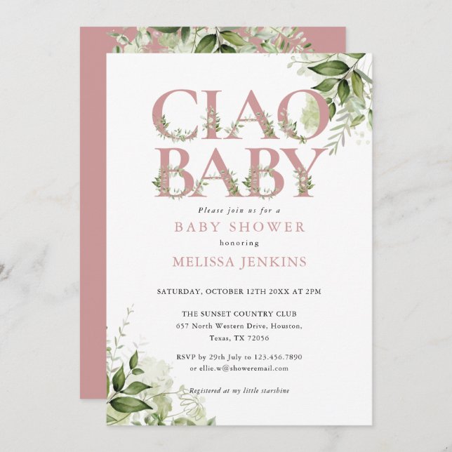 Invitación Ciao Baby Dusty Rosa Floral Todo En Un Baby Shower (Anverso / Reverso)