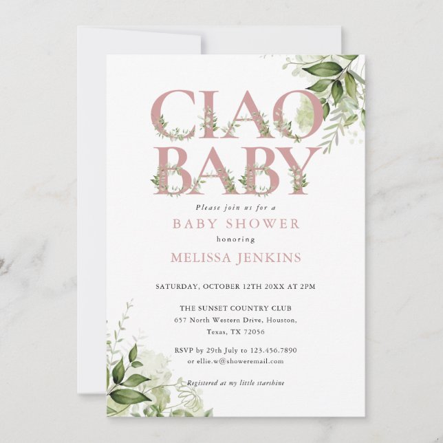Invitación Ciao Baby Dusty Rosa Pink Greenery Baby Shower (Anverso)