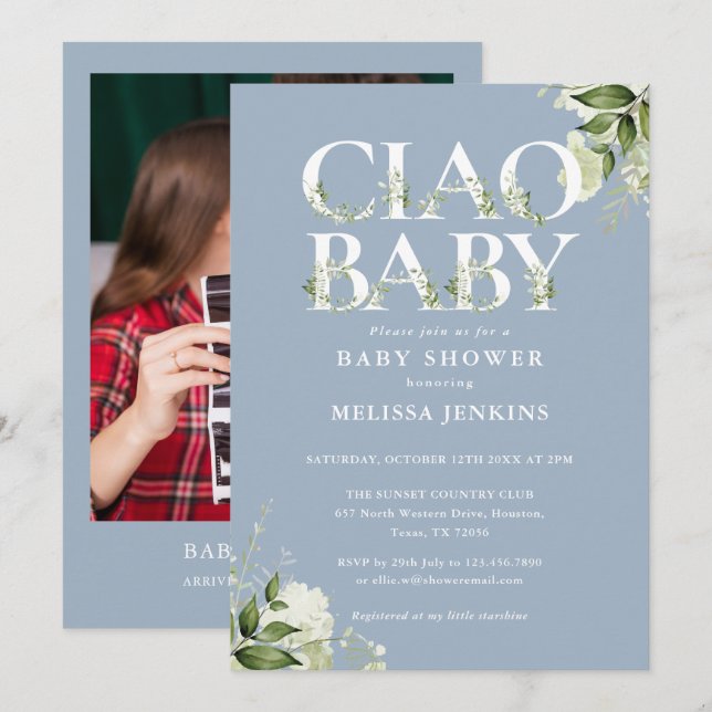 Invitación Ciao Baby Greenery Foto Dusty Blue Baby Shower (Anverso / Reverso)