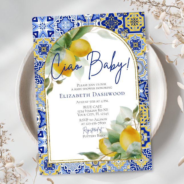 Invitación Ciao Baby Italian Blue Tile Lemons Baby Shower (Subido por el creador)