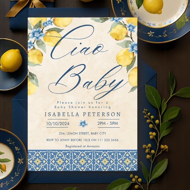 Invitación Ciao Baby Italian Blue Tiles Baby Shower (Ciao Baby Italian Blue Tiles Baby Shower Invitation)