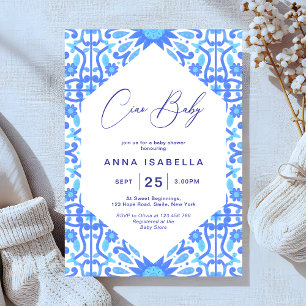 Invitación Ciao Baby Italiano Blue Tile Minimalista Baby Show